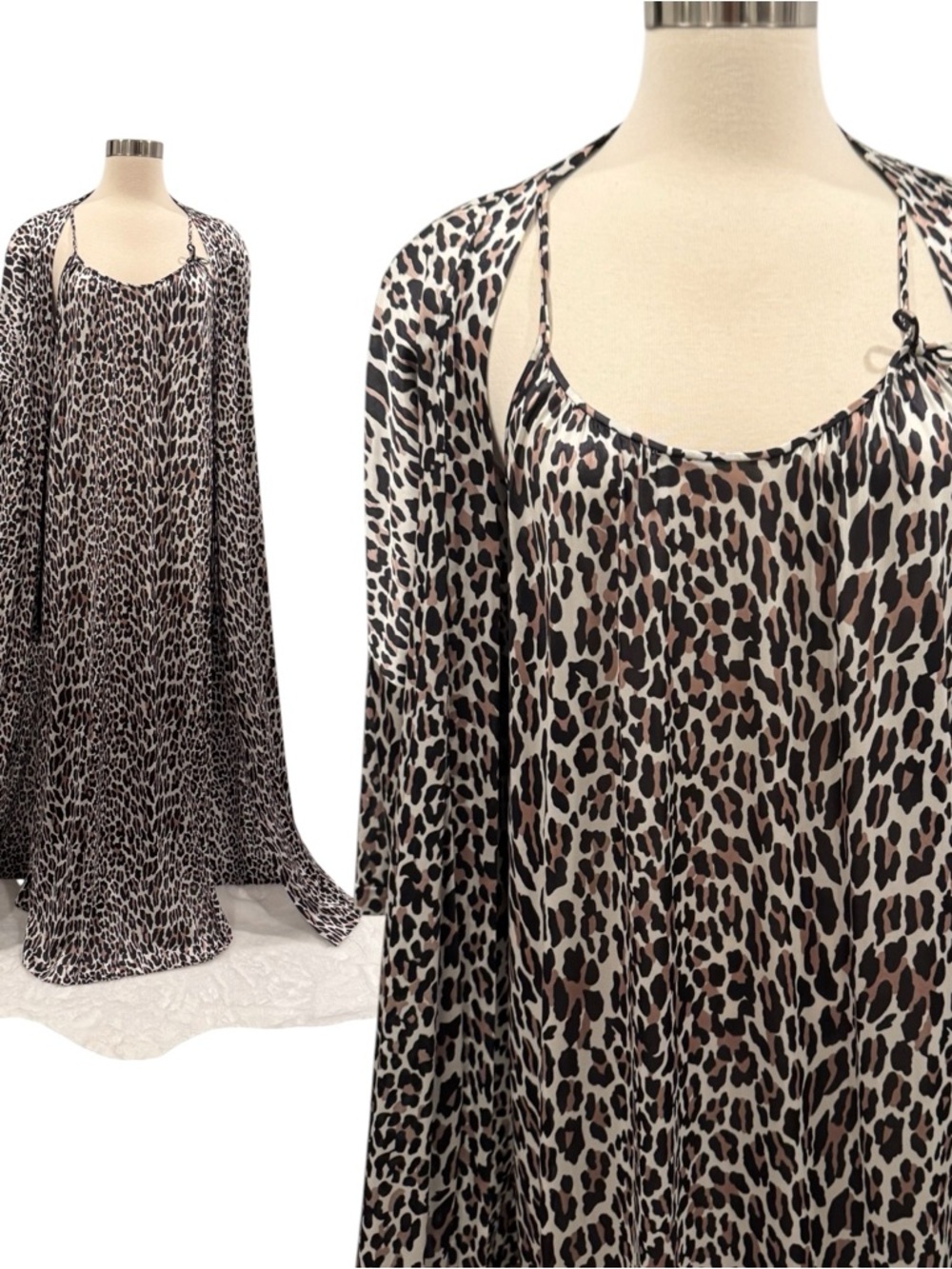 Vintage Vanity Fair Silky Nylon Leopard Print Maxi Gown Slip & Robe 2PC Set M